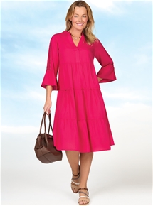 3/4 Sleeve Lace Shoulder Trim Tiered Shift Dress